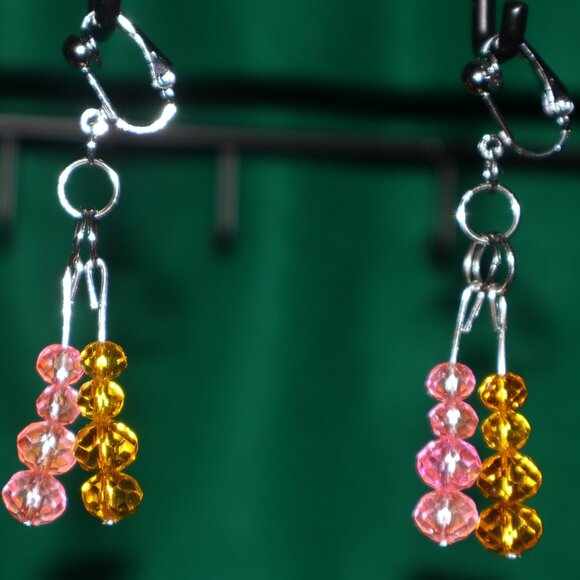 Handmade Jewelry - Handmade Clip-On Earrings - 16 BEAUTIFUL Pink/Yellow Crystal Beads - COJ 63